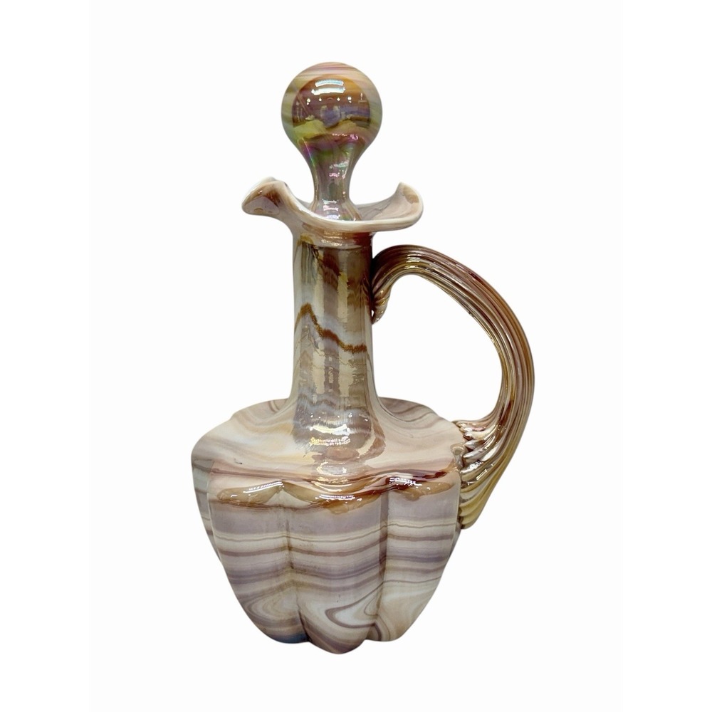 Gibson Art Glass Cruet Melon Brown Swirl Iridized 7 1/8" T w Original Stopper